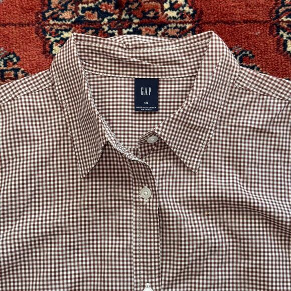 GAP 14 Brown/White Mini Gingham Super Smooth 3/4 Sleeve Button Front Blouse - Picture 4 of 9
